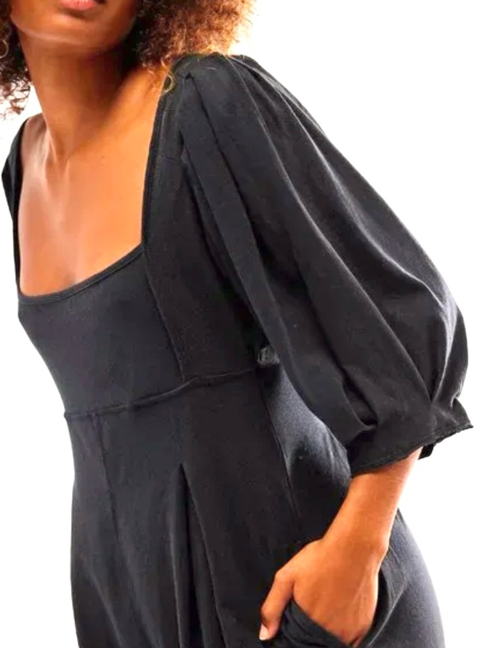 Free People “Lotta Love” over-washed Black Square-Neck Puff-Sleeve Jumpsuit- S - Picture 2 of 15